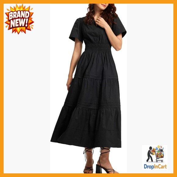 Dresses & Skirts - V-Neck Maxi Dress A-Line Casual Elegant Tiered Cotton Summer Midi